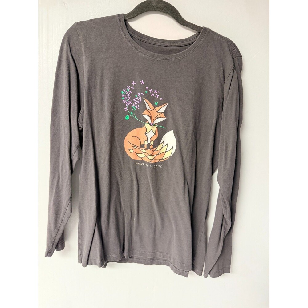 Life is Good Crusher Tee Womens Large Gray Fox Flowers Long Sleeve Shirt